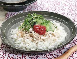 鶏ササミと梅干のスープご飯レシピ写真