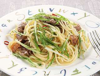 牛肉と水菜のパスタレシピ写真